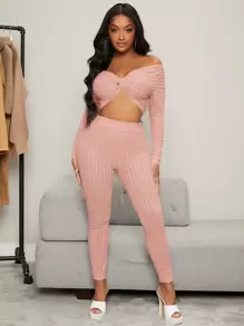 SHEIN SXY Bộ đồ hai mảnh nữ xoắn lại màu trơn Gợi cảm - Hồng - Xem 3