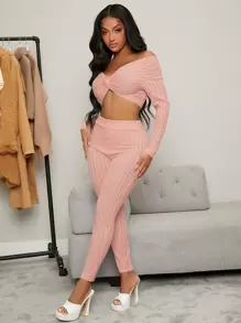SHEIN SXY Bộ đồ hai mảnh nữ xoắn lại màu trơn Gợi cảm - Hồng - Xem 4