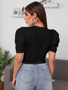 SHEIN Privé Puff Sleeve Cross Wrap Crop Top - Black - View 2