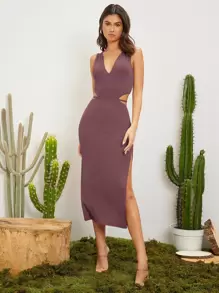 SHEIN VCAY 高衩腰部鏤空後綁帶連衣裙 - 淡紫色 - 查看 3