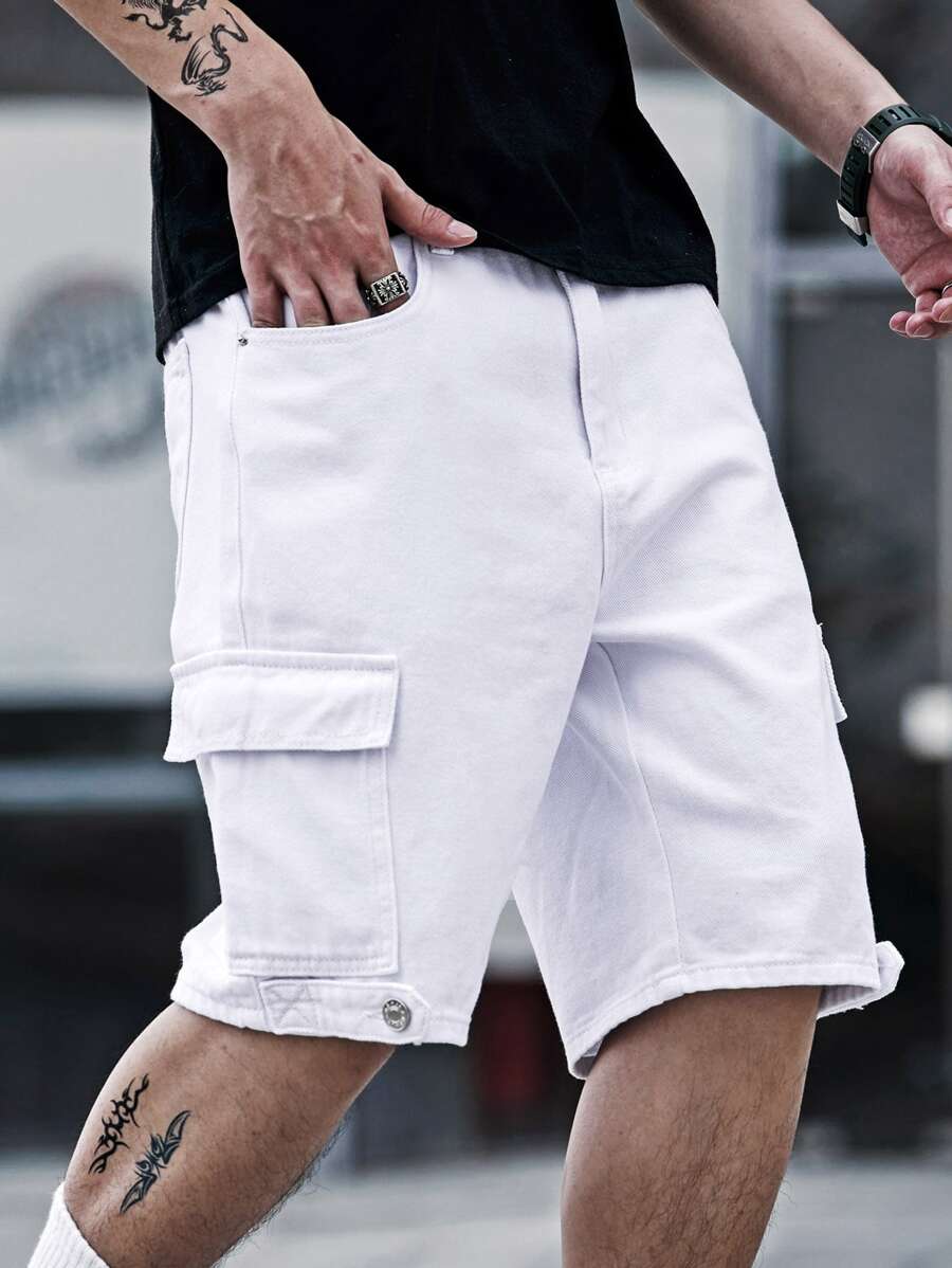 Manfinity Homme Men Cotton Flap Pocket Side Denim Shorts - White - View 1