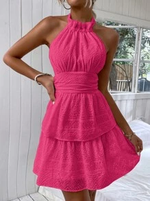 SHEIN Unity Đầm Lộ Lưng viền lá sen Buộc lại phân lớp Dây kéo màu trơn Boho - Màu Hồng Tươi - Xem 3