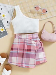 SHEIN 小女童單肩上衣和格紋裙裤 - 彩色 - 查看 1
