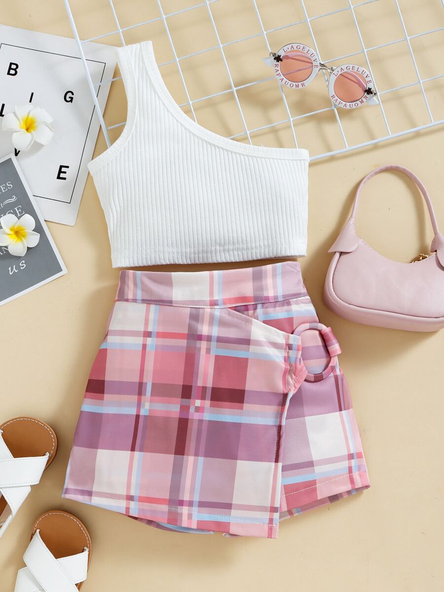 SHEIN 小女童單肩上衣和格紋裙裤 - 彩色 - 查看 1