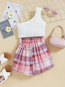 SHEIN 小女童單肩上衣和格紋裙裤 - 彩色 - 查看 2