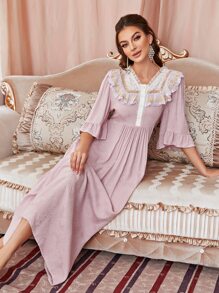 Váy ngủ & áo ngủ Nữ Tương phản ren Tương phản Mesh Nghề thêu viền lá sen Xù Nút phía trước Khối Màu Hoàng gia - Bụi hồng - Xem 3