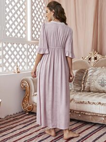 Váy ngủ & áo ngủ Nữ Tương phản ren Tương phản Mesh Nghề thêu viền lá sen Xù Nút phía trước Khối Màu Hoàng gia - Bụi hồng - Xem 2