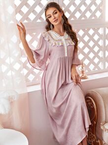 Váy ngủ & áo ngủ Nữ Tương phản ren Tương phản Mesh Nghề thêu viền lá sen Xù Nút phía trước Khối Màu Hoàng gia - Bụi hồng - Xem 1