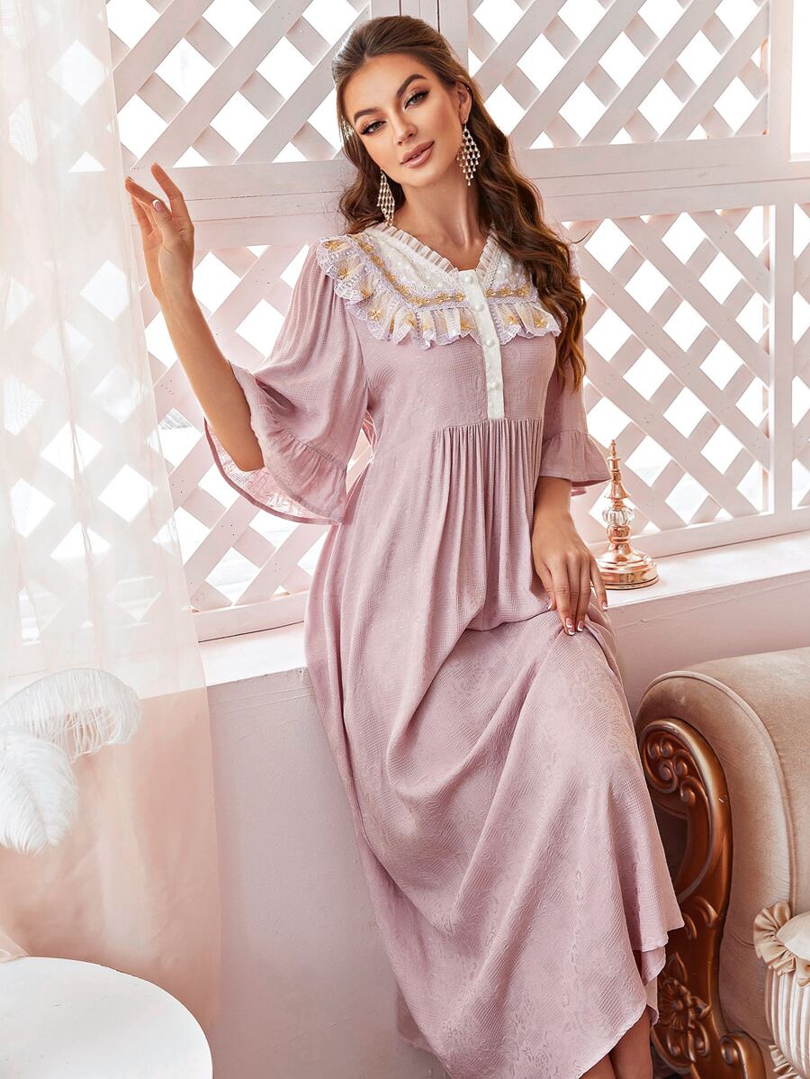 Váy ngủ & áo ngủ Nữ Tương phản ren Tương phản Mesh Nghề thêu viền lá sen Xù Nút phía trước Khối Màu Hoàng gia - Bụi hồng - Xem 1