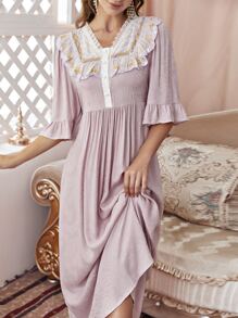 Váy ngủ & áo ngủ Nữ Tương phản ren Tương phản Mesh Nghề thêu viền lá sen Xù Nút phía trước Khối Màu Hoàng gia - Bụi hồng - Xem 4