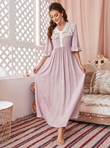 Váy ngủ & áo ngủ Nữ Tương phản ren Tương phản Mesh Nghề thêu viền lá sen Xù Nút phía trước Khối Màu Hoàng gia - Bụi hồng - Xem 5