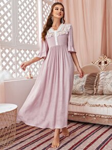 Váy ngủ & áo ngủ Nữ Tương phản ren Tương phản Mesh Nghề thêu viền lá sen Xù Nút phía trước Khối Màu Hoàng gia - Bụi hồng - Xem 6