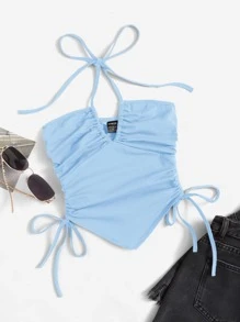 SHEIN ICON 前打結抽繩抹胸上衣 - 淺藍色 - 查看 1