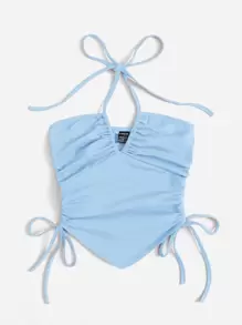 SHEIN ICON 前打結抽繩抹胸上衣 - 淺藍色 - 查看 3