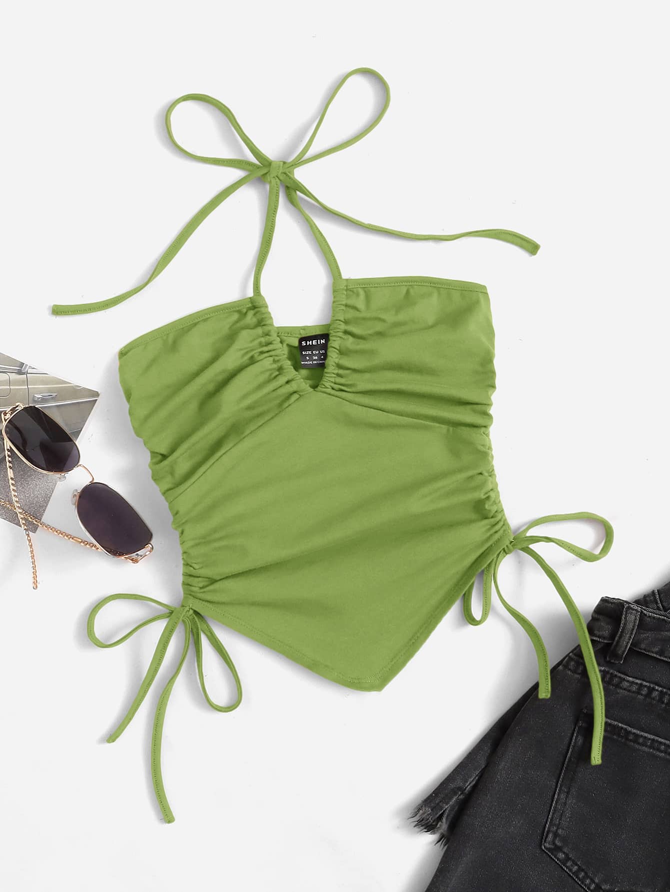 SHEIN ICON Knot Front Drawstring Tube Top - Lime Green - View 1