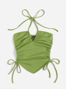 SHEIN ICON Knot Front Drawstring Tube Top - Lime Green - View 3