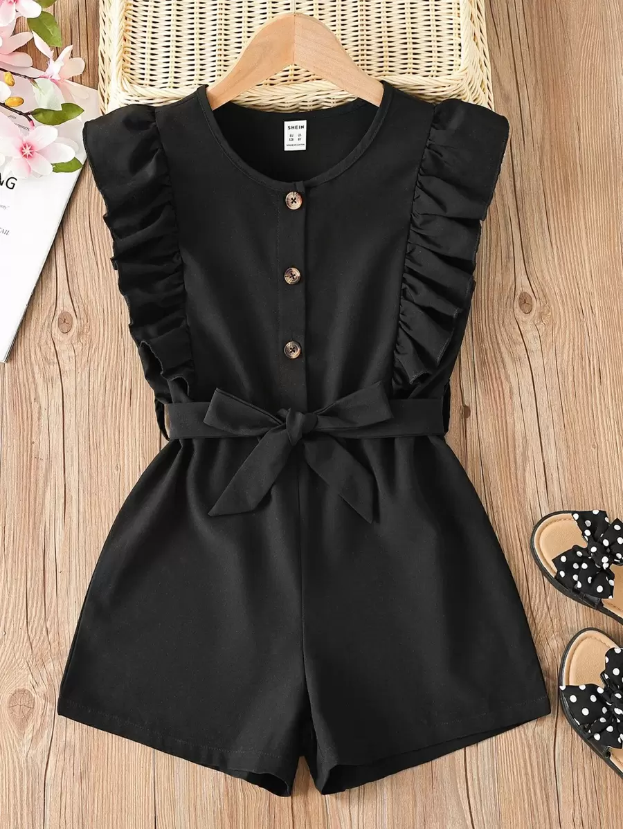 Tween Girl Ruffle Trim Button Front Belted Romper - Black - View 1