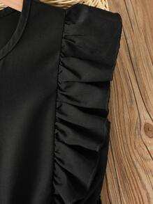 Tween Girl Ruffle Trim Button Front Belted Romper - Black - View 3