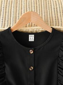 Tween Girl Ruffle Trim Button Front Belted Romper - Black - View 4