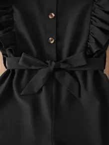 Tween Girl Ruffle Trim Button Front Belted Romper - Black - View 6