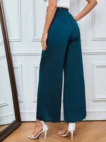 SHEIN LUNE 高腰褶邊闊腿褲 - 水鴨藍 - 查看 3