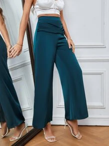 SHEIN LUNE 高腰褶邊闊腿褲 - 水鴨藍 - 查看 6