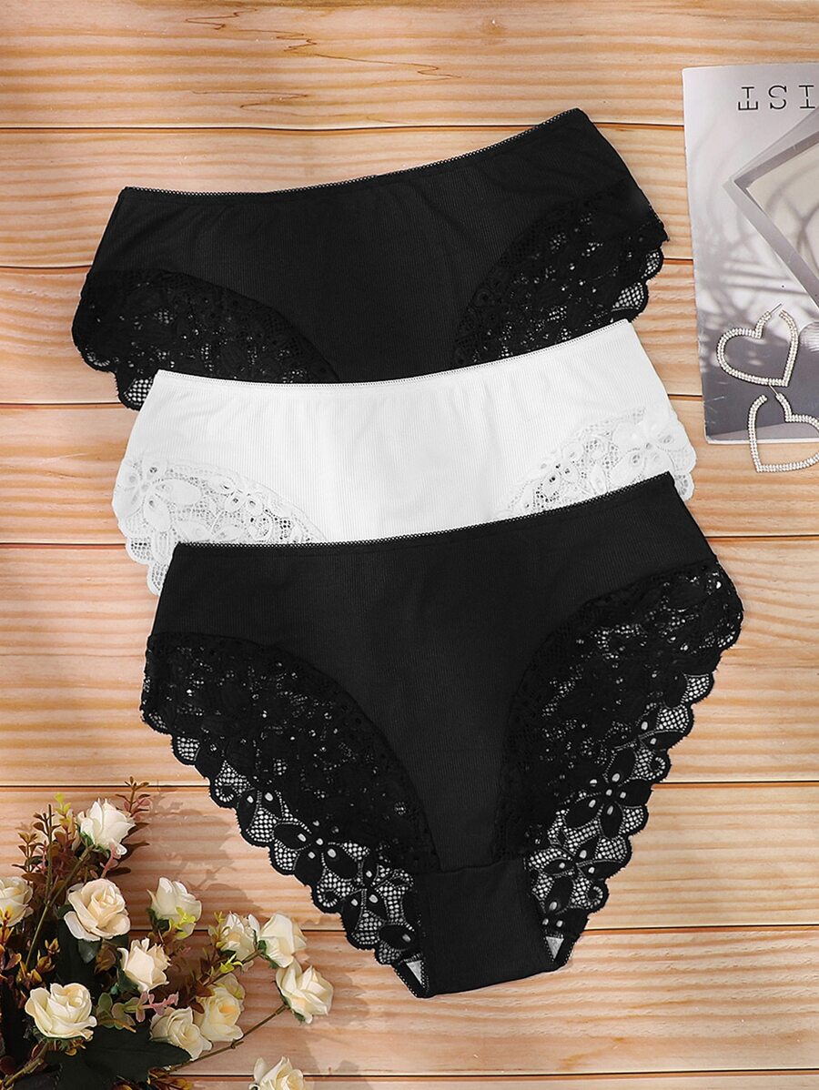 Plus Size Black White Scallop Lace Trim Medium Stretch Panties 3 Packs Casual Elegant Underwear Set - Black and White - View 1