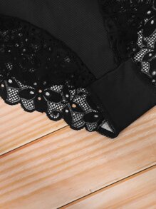 Plus Size Black White Scallop Lace Trim Medium Stretch Panties 3 Packs Casual Elegant Underwear Set - Black and White - View 4