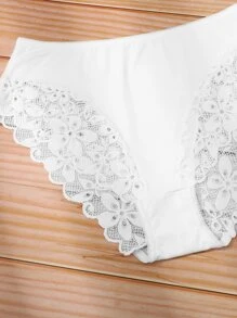 Plus Size Black White Scallop Lace Trim Medium Stretch Panties 3 Packs Casual Elegant Underwear Set - Black and White - View 5