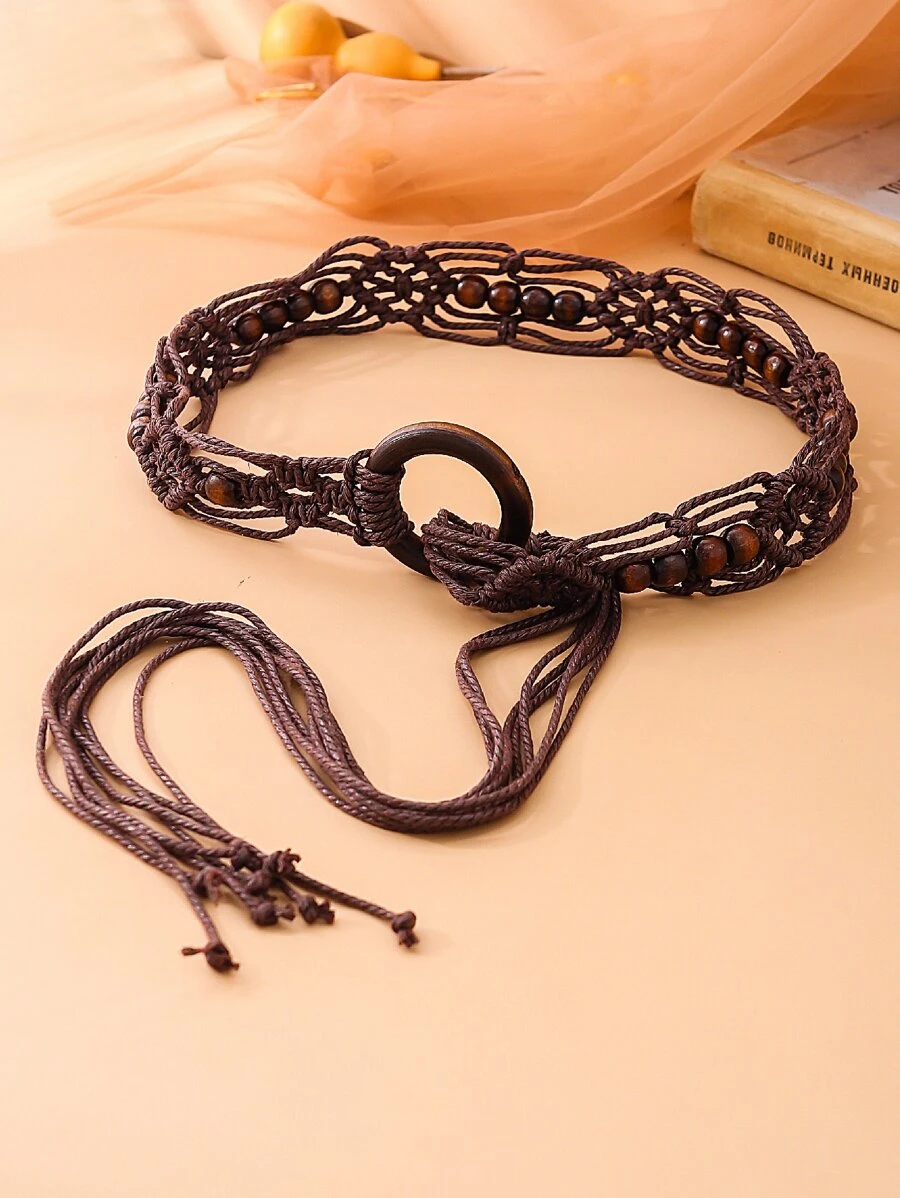 简约串珠手工编织腰绳腰带 万圣节 夏季，学校 秋季，秋季，万圣节 - 咖啡棕 - 查看 1