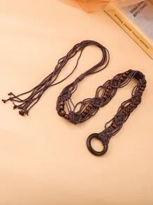 简约串珠手工编织腰绳腰带 万圣节 夏季，学校 秋季，秋季，万圣节 - 咖啡棕 - 查看 2