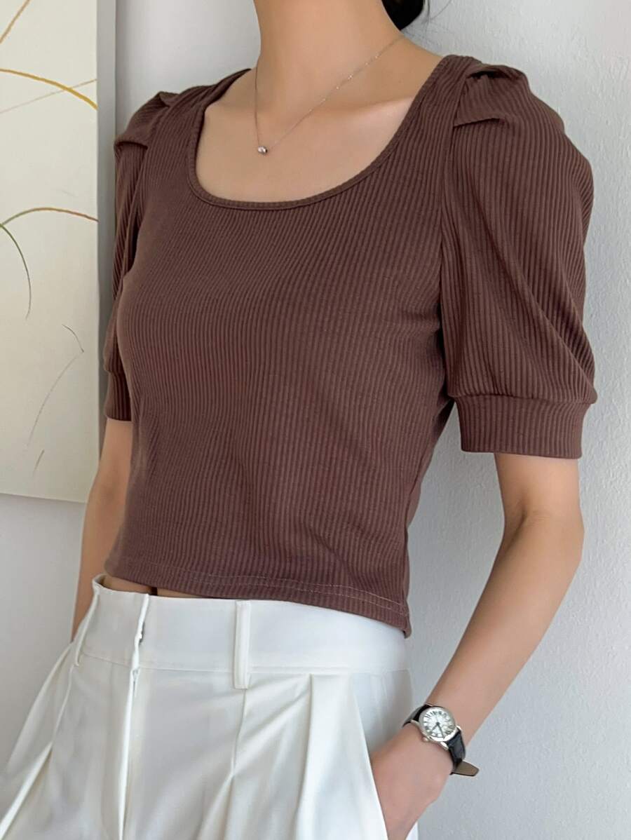 DAZY 羅紋針織泡泡袖T恤 - 咖啡棕 - 查看 1