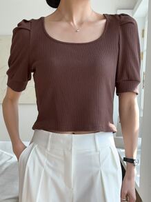DAZY 羅紋針織泡泡袖T恤 - 咖啡棕 - 查看 2