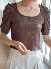 DAZY 羅紋針織泡泡袖T恤 - 咖啡棕 - 查看 3