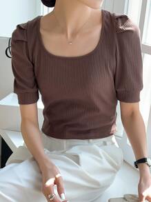 DAZY 羅紋針織泡泡袖T恤 - 咖啡棕 - 查看 4