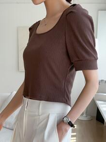 DAZY 羅紋針織泡泡袖T恤 - 咖啡棕 - 查看 6