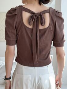 DAZY 羅紋針織泡泡袖T恤 - 咖啡棕 - 查看 7