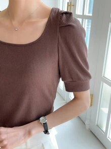 DAZY 羅紋針織泡泡袖T恤 - 咖啡棕 - 查看 8