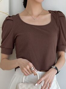 DAZY 羅紋針織泡泡袖T恤 - 咖啡棕 - 查看 9