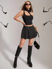 SHEIN ICON Striped Metal Detail Pleated Skirt - Black - View 3