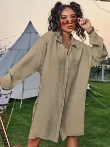 SHEIN Swim Button Front Split Kimono,Summer Beach - Khaki - View 7