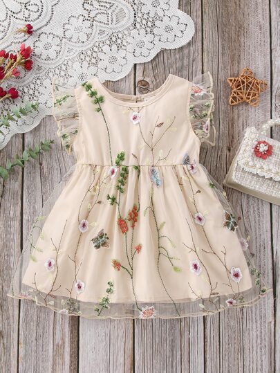 Baby Floral Embroidery Ruffle Trim Dress