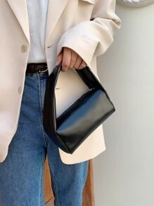 迷你纯色手提包-多用途休闲手提包，水桶形小包，时尚方形包 - 黑色 - 查看 3