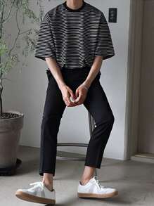 DAZY Hombres Camiseta de hombros caídos de rayas - Blanco y Negro - Ver 5