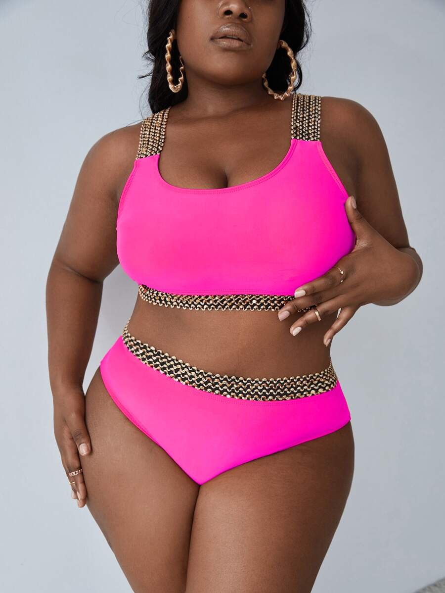 SHEIN Slayr Plus Size Neon Pink Sequin Decor Bikini Set Summer Beach - Hot Pink - View 1