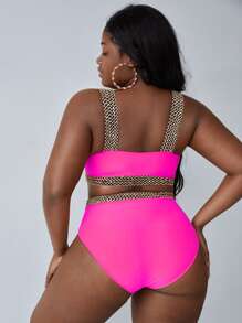 SHEIN Slayr Plus Size Neon Pink Sequin Decor Bikini Set Summer Beach - Hot Pink - View 2