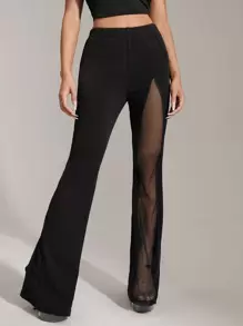 SHEIN ICON Contrast Mesh Flare Leg Trousers - Black - View 1