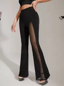 SHEIN ICON Contrast Mesh Flare Leg Trousers - Black - View 3