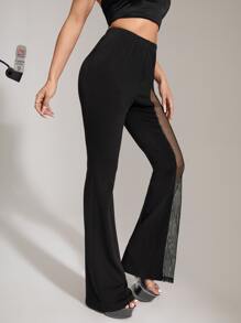 SHEIN ICON Contrast Mesh Flare Leg Trousers - Black - View 5