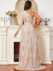 Missord One Shoulder Slit Thigh Contrast Sequin Formal Dress - Apricot - View 2